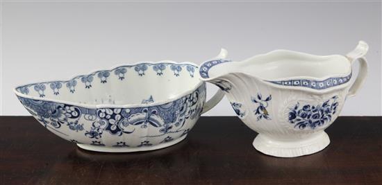 Two Worcester blue and white sauceboats, c.1775-80, 8.25in. & 6.75in.